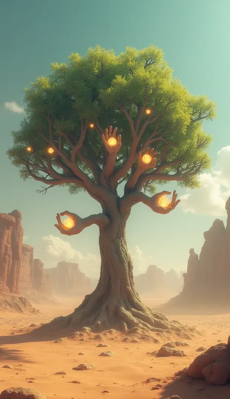 "A stylized 3D animation of a tree with human hands for branches, each hand holding a glowing orb, growing in a barren desert."