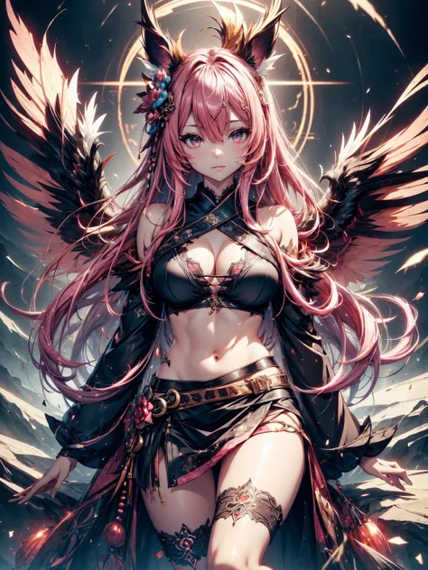 Japanesse beautifull girl, pink & brown hairadd high definition_detail:1, blue fur,kitsune ears, tribal tattoo add_detail:1, in hell add_detail, barefoot, the same, giant black feather wings add_detail:1 ,alas hermosas la mejor calidad y detail en las flum...