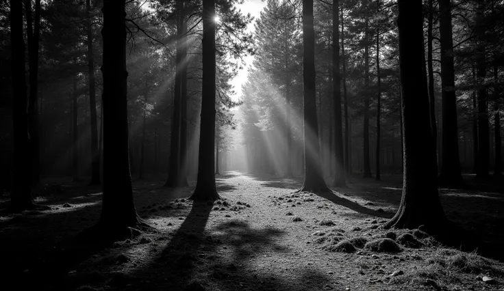 A high-contrast black-and-white image of a dense forest, with deep shadows creating stark contrasts between the dark tree trunks and the bright, sunlit patches of the forest floor. The interplay of light and shadow adds dramatic intensity to the scene.
