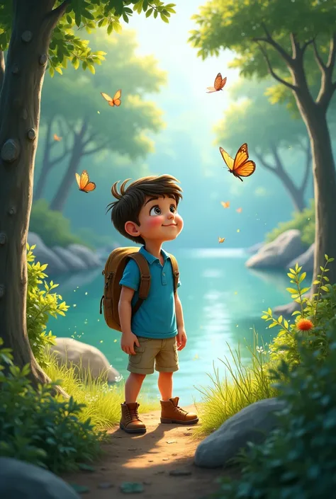  boy in blue shirt, shorts and boots without a backpack watching butterflies in the forest on the shore of a lake