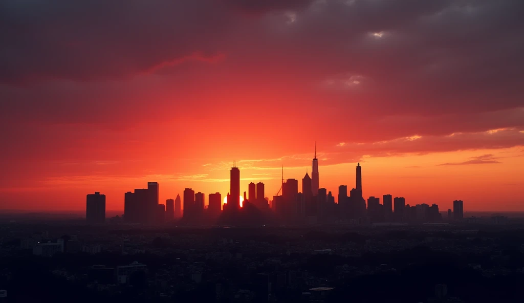 A city skyline at sunset with strong contrast between the dark silhouettes of the buildings and the fiery orange and pink hues of the sky. The dramatic contrast between the shadowed cityscape and the vibrant sunset emphasizes the transition from day to nig...