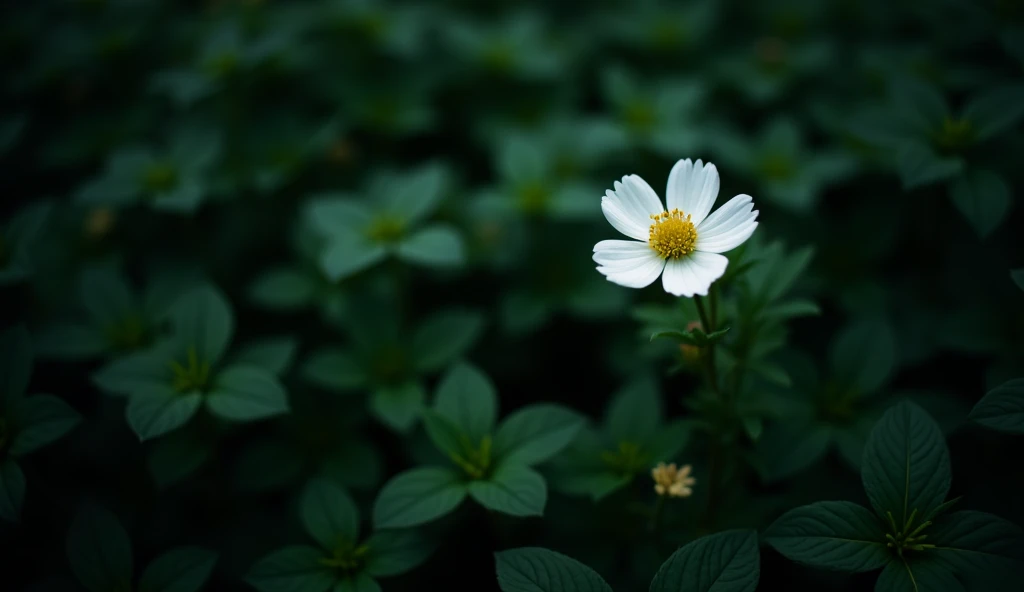 A photograph of a lone white flower in a field of dark green foliage. The high contrast between the bright white petals and the deep, shadowy leaves around it creates a focal point, drawing attention to the delicate beauty of the flower.
