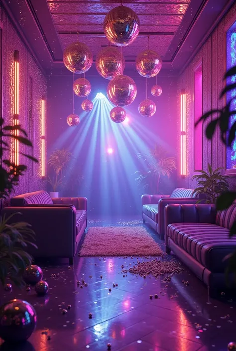 Disco style birthday with purple ambiance without people just decoration 

