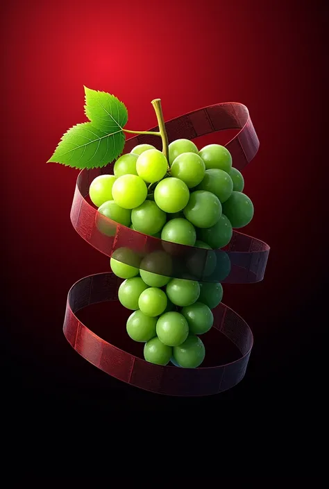 An icon for the movie and series streaming app that shows a green grape with a film strip wrapped around it with a dark red background.