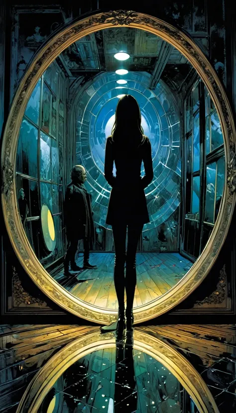 scenery, (no humans:1.5), (infinity mirror:1.5), (facing mirrors:1.5), opposite mirror, mirror in mirror, countless mirror, indoors, dark, horror (theme), (masterpiece), (best quality), (ultra-detailed), (hires), (illustration), art inspired by Bill Sienki...