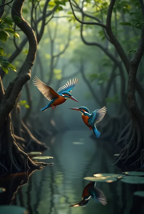 Photorealism 1.4 realistic realism high detailed definition  mangrove swamp two  bird flying around  black water  sunlight silhouette   very clear  kingfisher bird flying around