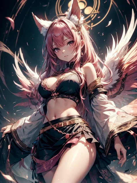 Japanesse beautifull girl, pink & brown hairadd high definition_detail:1, blue fur,kitsune ears, tribal tattoo add_detail:1, in hell add_detail, barefoot, the same, giant black feather wings add_detail:1 ,alas hermosas la mejor calidad y detail en las flum...