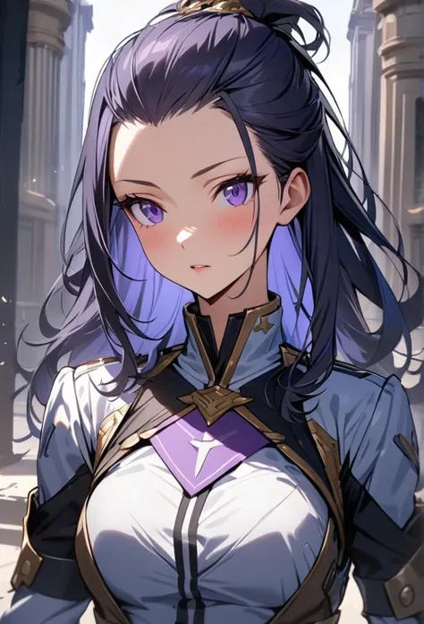 Solo, 1 women, dark blue hair, purple eyes, (((high quality))), masterpiece, detailed face, Bangs Pinned Back, long hair, missy hair, beautiful, noble combat clothes