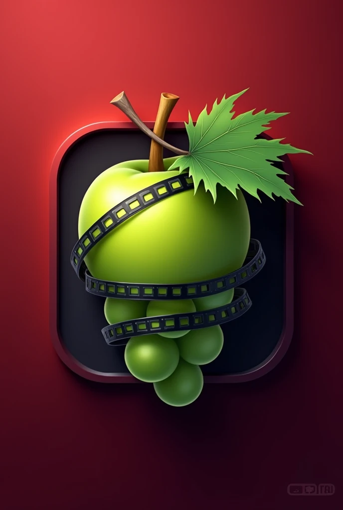 An icon for the movie and series streaming app that shows a green grape with a film strip wrapped around it with a dark red background.