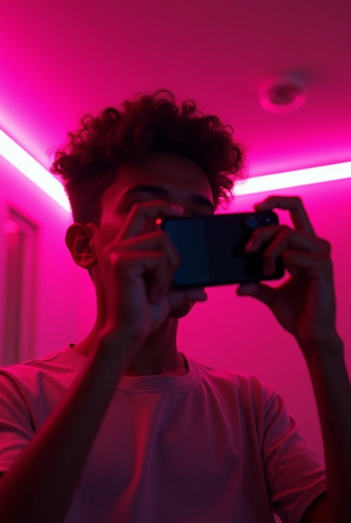 Adolescente latino prenant un selfie dans une sale ou il y a des leds rose realiste et ou on voit que sa tete avec une qualité dimage plus bas sans telephone
