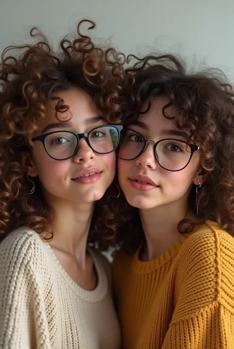 Help me create an image of a 2 curly brunette girl with half alternative glasses 
