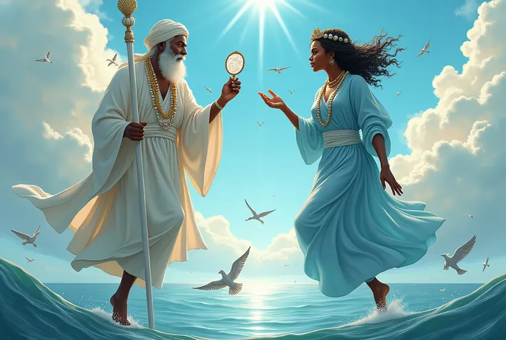 An old man with a short white beard and white hair,  of African ethnicity, with a white turban on his head, wearing a robe holding a white wooden staff with shell ornament in one hand, hovering above the clouds that rest on a sea with shallow waves, in the...