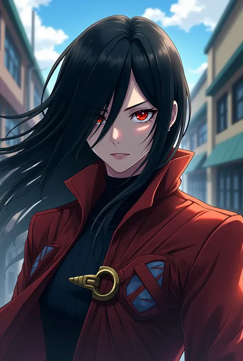  long black hair bangs red eyes and big white skin in the anime my hero academia with the anime costume