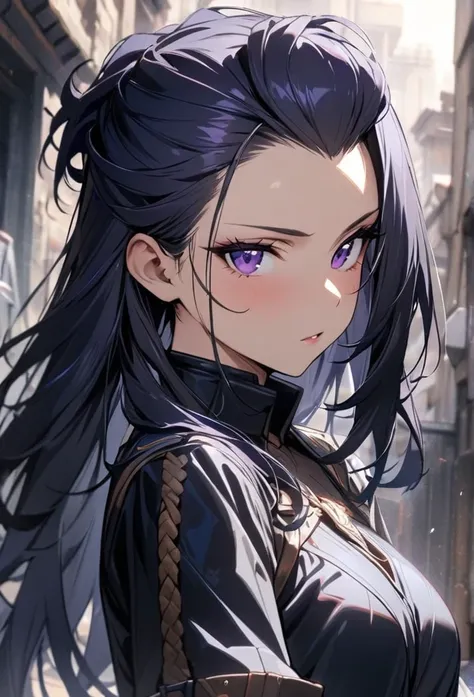 Solo, 1 women, dark blue hair, purple eyes, (((high quality))), masterpiece, detailed face, Bangs Pinned Back, long hair, missy hair, beautiful, noble combat clothes