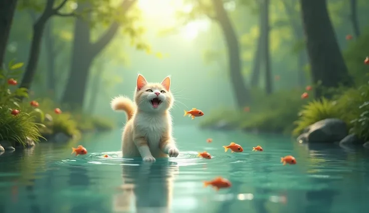 (photorealism:1.2)a lonely cat, smiling, playing happily with small fish in a small river with crystal clear water, surrounded by trees