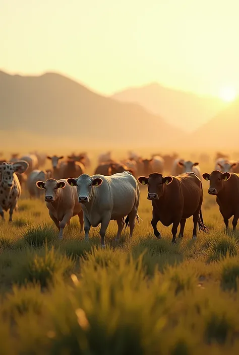 create a realistic landscape of a vast, open field filled with roaming cattle, 