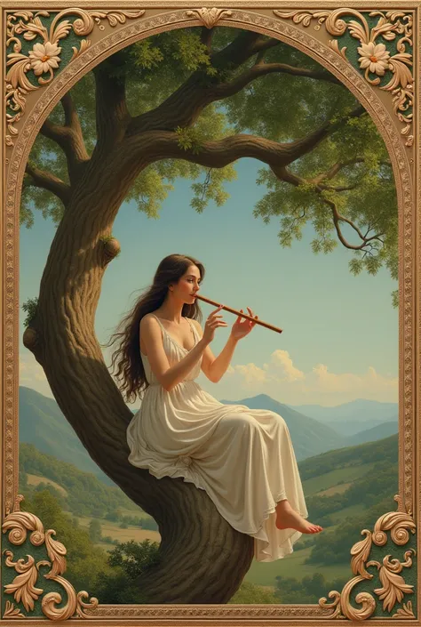 Woman playing flute sitting in a tree, Renaissance style.
Very decorated frame, Mucha Style.
