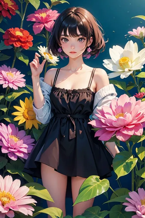 A girl surrounded by big colorful flowers