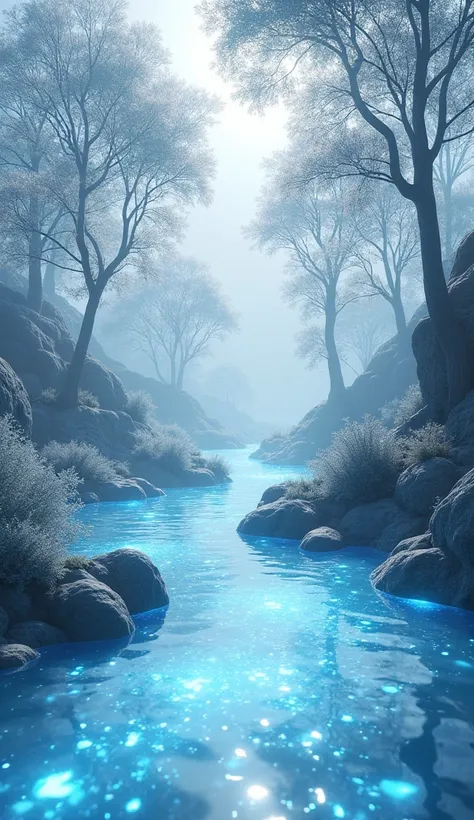 A stylized 3D scene of a river made of liquid light, flowing through a landscape where the trees are made of glass and shatter with every breeze."