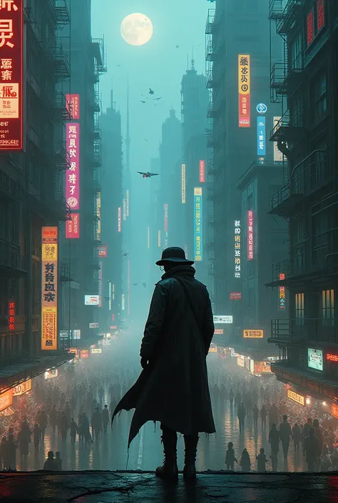 "Design a vibrant and dystopian cyberpunk cityscape at night, with towering skyscrapers adorned with neon signs in various languages and colors. 
The streets below are crowded with a mix of humans, androids, and cyborgs, all moving through a maze of dark a...