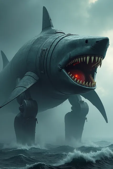 Fusion of shark and big ship fully robotic creation and big and horror also