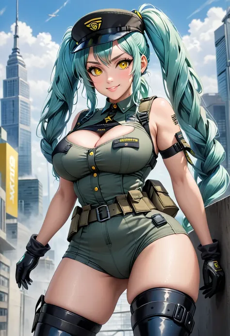 1 woman, privatydef, NIKKE, (masterpiece, best quality), 8K, yellow eyes, perfect face, long hair, aqua hair, twintails, army cap, wearing tactical shirt, wearing black panties, fingerless gloves, single glove, belt, thigh strap, thigh boots, busty body, l...