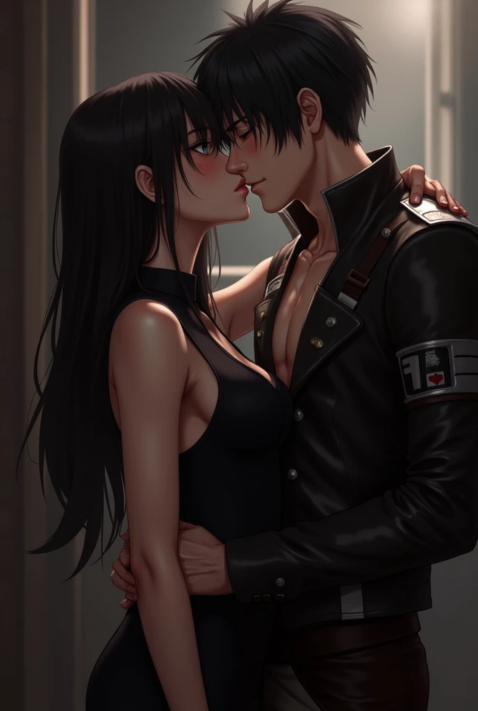 create me an image of mikasa ackerman from attack on in a short black dress kissing levi ackerman 