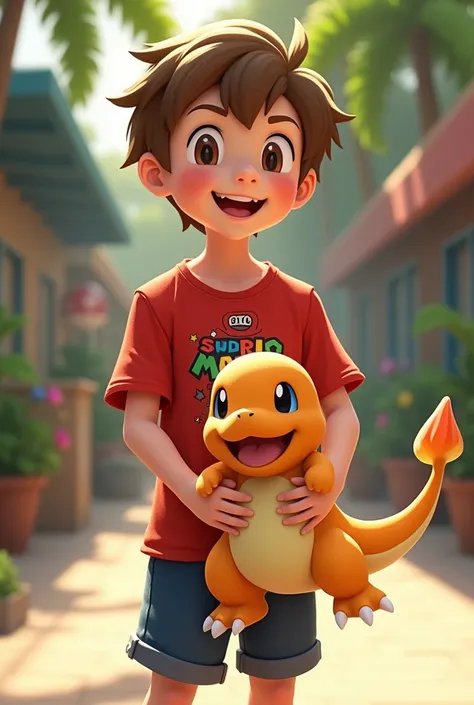 create a realistic  boy with a red shirt with mario bros face print and happy face, very short, light brown hair and fair skin, lightbrown eyes, fine nose, no freckles,thin body holding plush pokemon charmander in hand, yellow flip flops, navy blue shorts