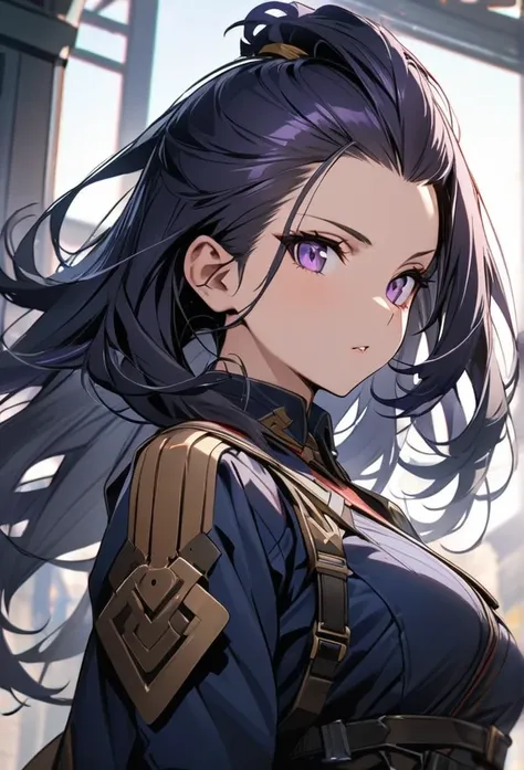 Solo, 1 women, dark blue hair, purple eyes, (((high quality))), masterpiece, detailed face, Bangs Pinned Back, long hair, missy hair, beautiful, noble combat clothes