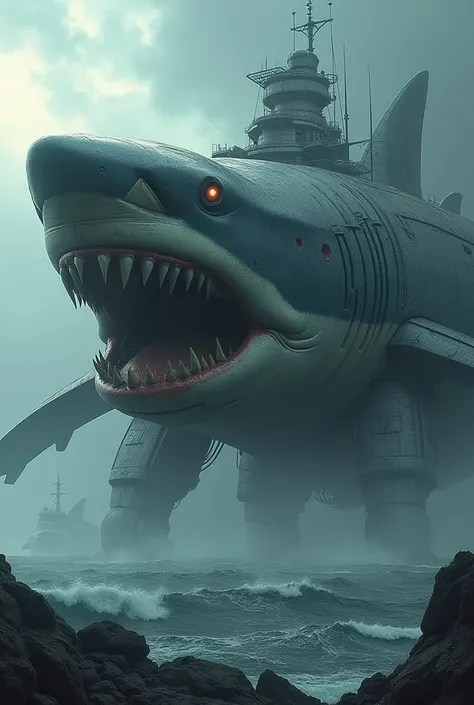 Fusion of shark and big ship fully robotic creation and big and horror also ship like shape 