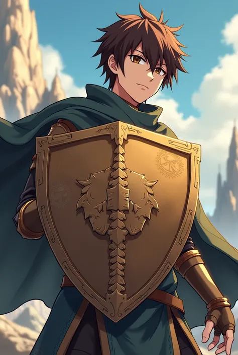 Male anime character with short brown hair and dark brown eyes, wearing simple armor and holding a shield with dragon scales 