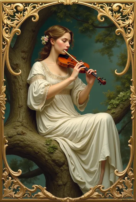 Woman playing the flute with both hands sitting in a tree, Renaissance style.
Very decorated frame, Mucha Style.
