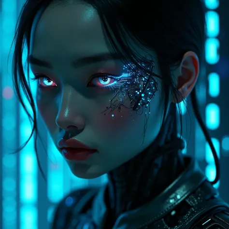 A black woman with Asian features of human appearance, but with AI traits, is highlighted. She has impeccable beauty, but his face and body show small cracks or crevices that reveal circuitry, wires, and blue neon lights beneath the skin. Her eyes shine in...