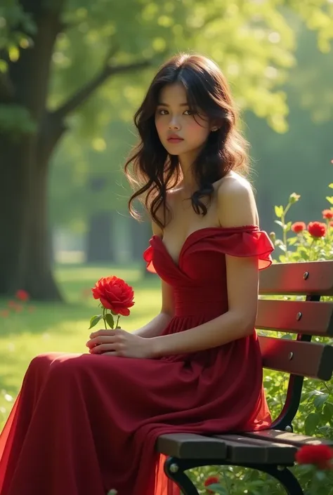 Beautiful woman sitting in the park wearing vekane and taken red flower