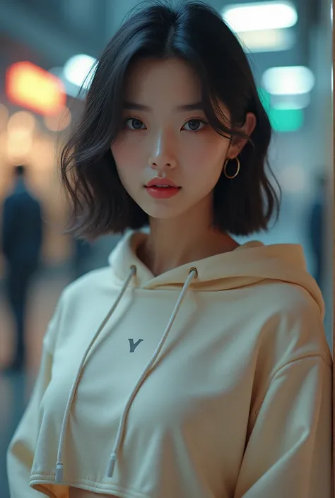 (1 girl, full body) , (beautiful Korean girl, kpop idol:1.5) , (Cute Loose Bob hair:1.5) , (wearing a cropped hoodie, capri sweatpants, high hills:1.5) , (red lips, small breasts, toned stomach, eyelashes, aegyo sal:1.5) , immersive background, depth of fi...