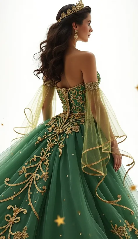 Create on a white background, an image of a quinceañera from behind, wearing an elaborate fantasy-themed costume, with gold stars and swirling patterns. Your clothing should resemble your real appearance., predominantly green with intricate gold embellishm...