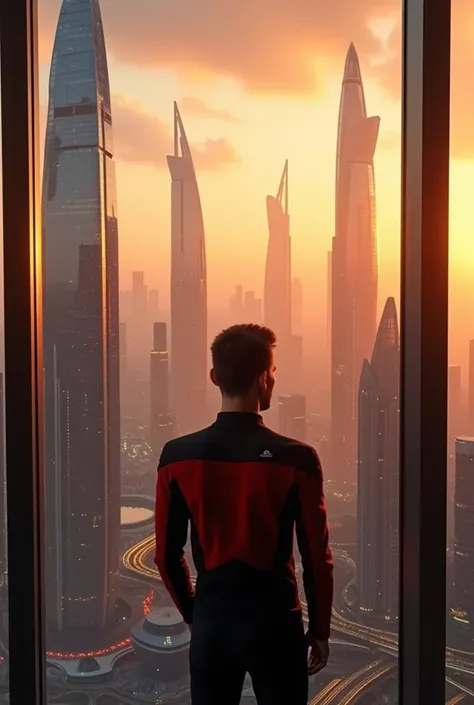 Una foto super realist de una ciudad futurista con edificios altos futuristas de pelicula de star trek, I&#39;m standing in my 15th floor apartment, watching the big city, Photo taken from behind the individual, 8k, UHD, realist, sunset background, golden ...