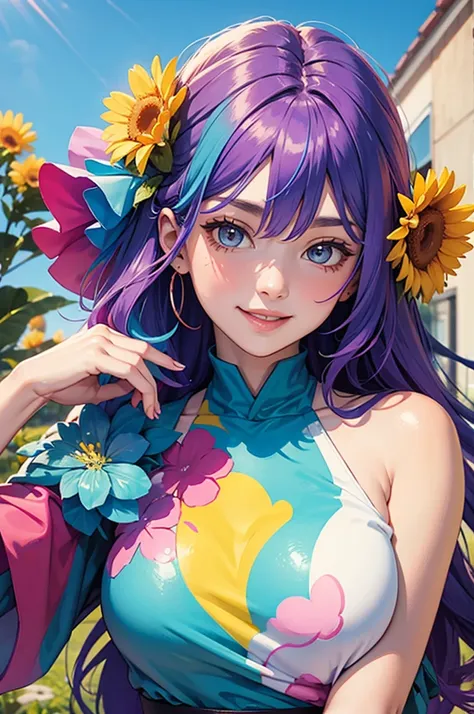 Colorful hair girl big flower upper body smile