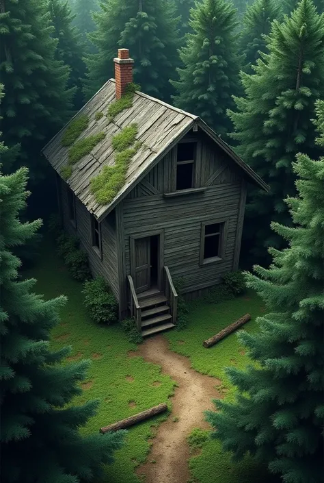 old house in the woods seen from above 
