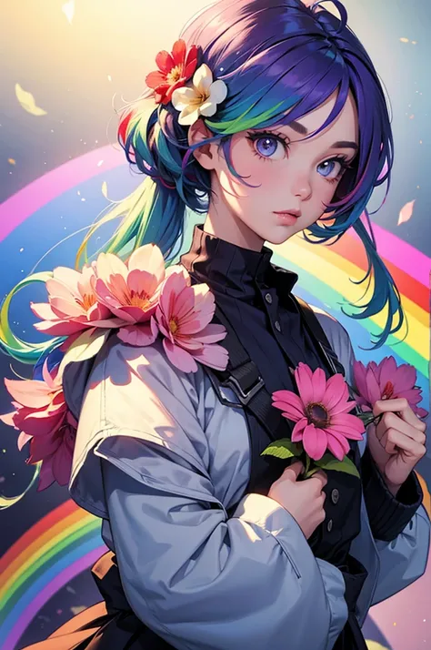 Big flower, rainbow hair girl, upper body