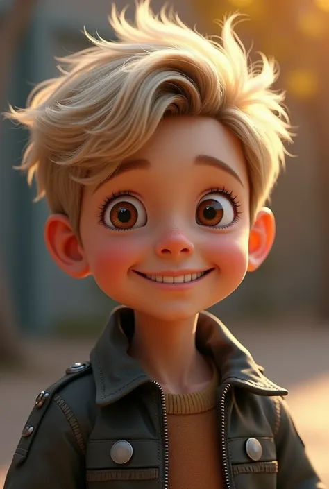 1 boy wearing bomber jacket,realistic portrait,beautiful detailed eyes,beautiful detailed lips,extremely detailed face and skin,blonde messy hair,brown eyes,cheerful expression,normal ears,(best quality,4k,8k,highres,masterpiece:1.2),ultra-detailed,(realis...