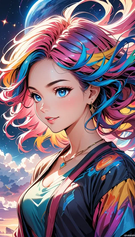 Close-up of a woman with colorful hair and necklace, Anime girl with space-like hair, The soft vibrancy of Ross Drose, Gvistian artwork, Fantasy art style, colorful], Vivid fantasy style, Ross draws energetic cartoons, cosmic and colorful, Gwaiz, colorful ...