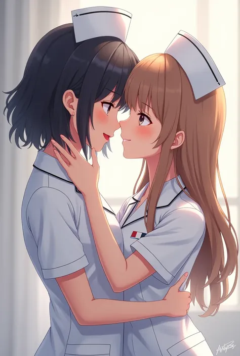 Light brown-haired nurse with dark hair and white-haired nurse with light brown hair kissing
