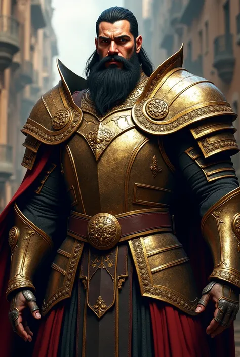 a tall and robust man, with a well-groomed black beard and ornate medieval armor with golden details that symbolize his love of luxury and power, atletico