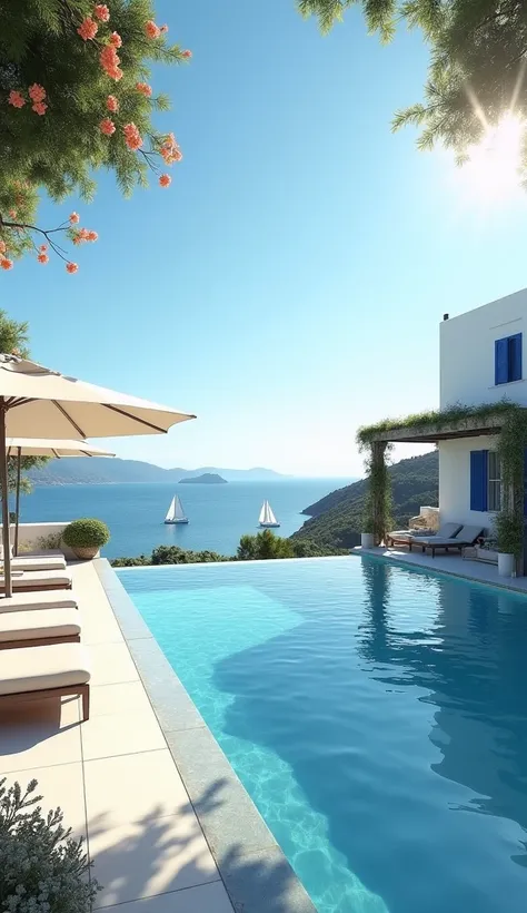 A luxurious Greek villa overlooking the Aegean Sea, set in a serene summer afternoon. The villa features traditional whitewashed walls with blue accents, typical of Cycladic architecture, blending seamlessly with the bright blue sky. A large, infinity pool...