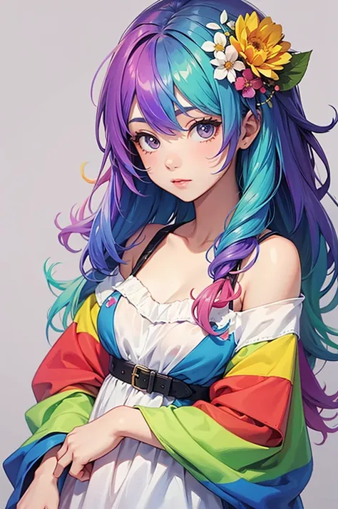 Big flower, rainbow hair girl, simple clothes, cute