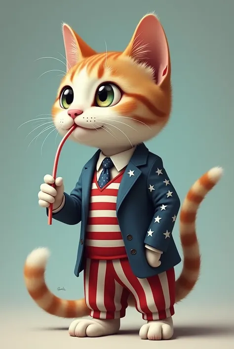 Cat drinking water from a straw while wearing a American flag suit while standing on 4 legs

