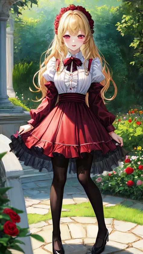 A masterpiece of a girl in a garden, best quality, absurd, looking at the viewer, alone, rita rosweisse (a midsummer nights dream), rita rosweisse, shirt, pantyhose, red rose, red eyes, blonde hair, long sleeves, beauty mark under eye, hair over one eye, f...