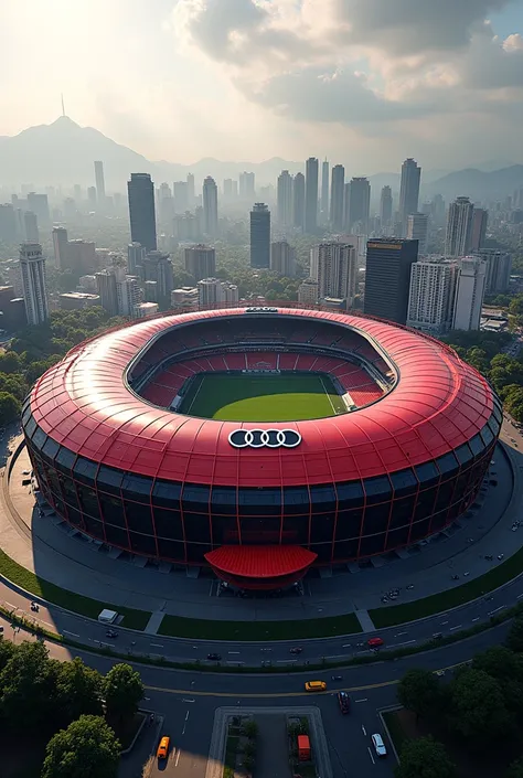 A giant football stadium with a retractable Flamengo roof in black and red with the Audi logo