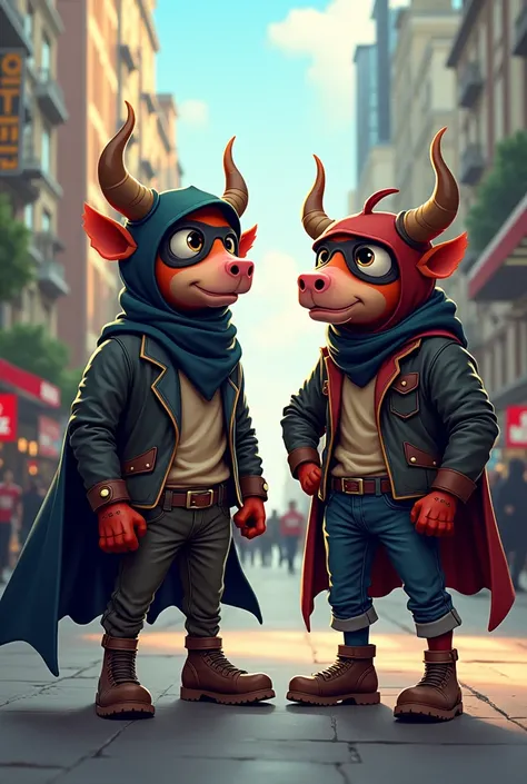 Dressed as bandits, Leo and Bull sell branded clothing on the street